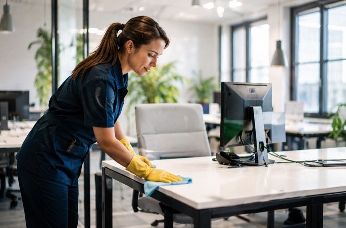 Anthony cleaning operative wiping down an office desk