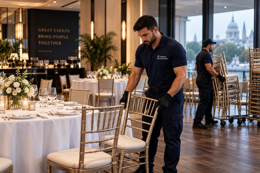 Anthony logistics team arranging chairs for a private event in London